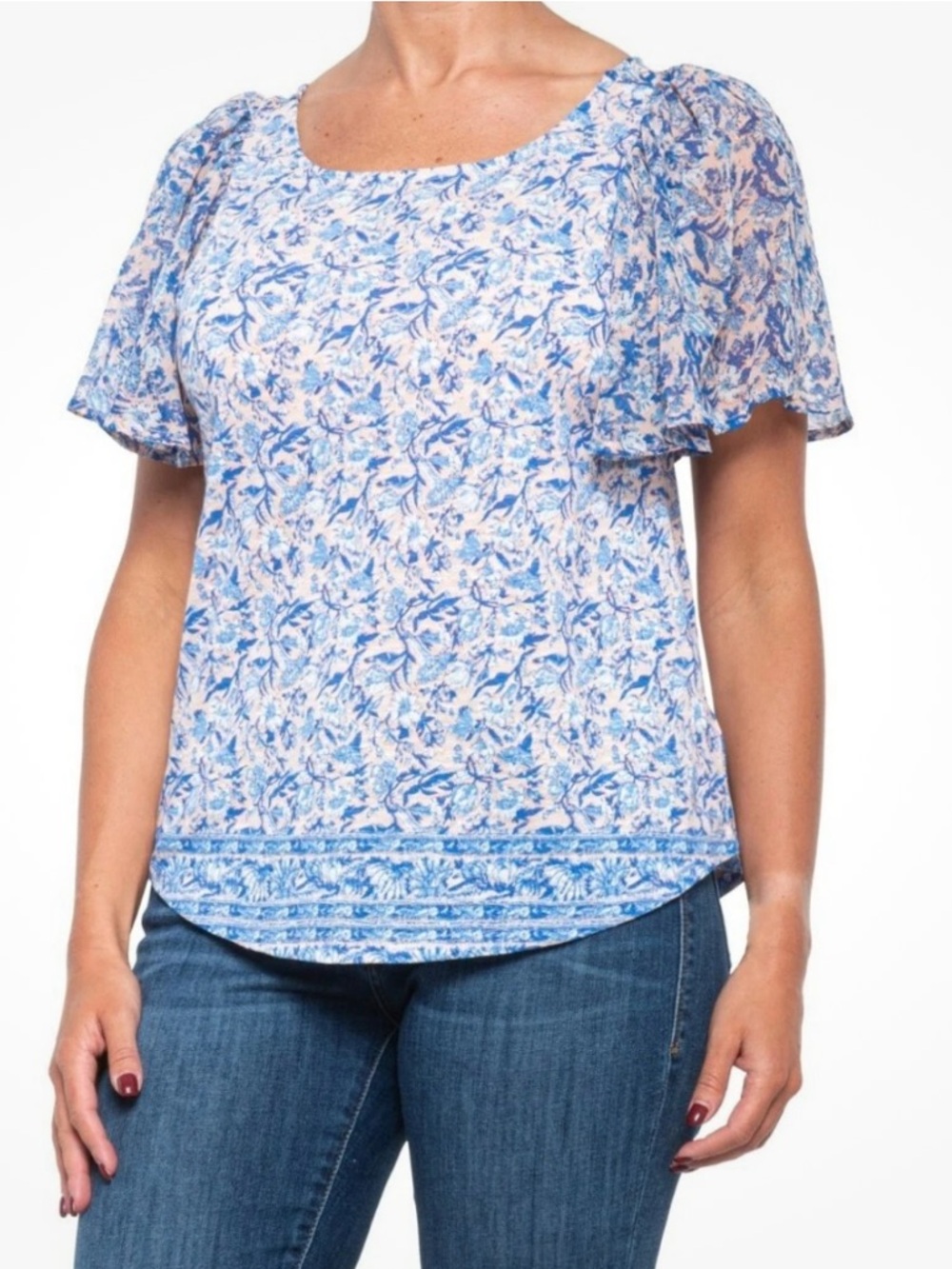 NWT Lucky Brand Floral Flutter Sleeve Keyhole Back Shirt L - Picture 3 of 13